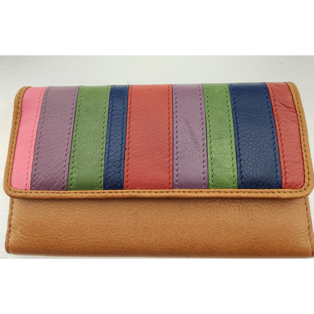 Genuine Leather Striped Multicolor Trifold Wallet Checkbook Holder